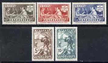 Guadeloupe 1935 West Indies Tercentenary set less 1f 75 mauve, unmounted mint (except 5f which is mounted), SG 151-56 less 154, stamps on , stamps on  stamps on guadeloupe 1935 west indies tercentenary set less 1f 75 mauve, stamps on  stamps on  unmounted mint (except 5f which is mounted), stamps on  stamps on  sg 151-56 less 154