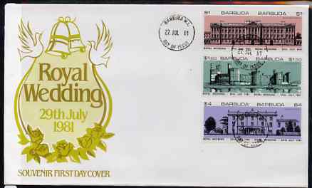 Barbuda 1981 Royal Wedding (Royal Buildings) set of 6 (3 se-tenant pairs each imperf between) on illustrated cover with first day cancel