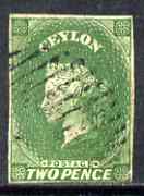 Ceylon 1857-59 QV 2d green, four clear margins, tiny flaw in lower right square (?) fine used, SG 3, stamps on , stamps on  qv , stamps on 