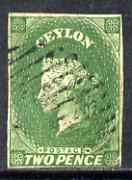 Ceylon 1857-59 QV 2d green, four clear margins, tiny flaw in lower right square (?) fine used, SG 3, stamps on , stamps on  stamps on , stamps on  stamps on  qv , stamps on  stamps on 