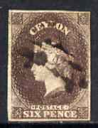 Ceylon 1857-59 QV 6d brown, 4 good to large margins jbut smudgy pmk and slight rubbing, SG 6a, stamps on , stamps on  qv , stamps on 