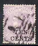 Ceylon 1885 QV 10c on 16c pale violet, good used but thinned with pulled perfs, hence price, SG 161, stamps on , stamps on  qv , stamps on 
