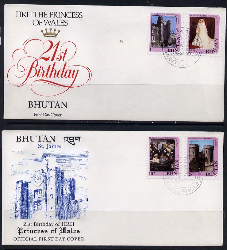 Bhutan 1982 Princess Dis 21st Birthday set of 4 on two illustrated covers with first day cancels, SG 455-58, stamps on buildings    royalty    diana