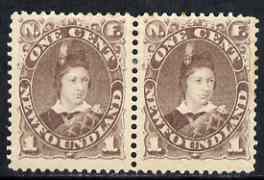 Newfoundland 1880-82 Prince of Wales 1c dull brown horiz pair mtd mint, some rusting on perfs on one stamp, SG 44