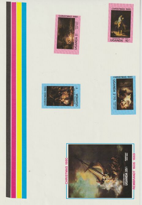 Uganda 1980 Christmas the unissued essay sheet produced by Format International containing a m/sheet (slightly different to SG335) plus four single values all imperforate..., stamps on 