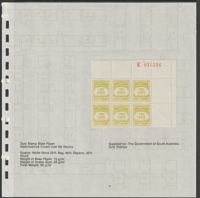 South Australia - Paper sample watermarked Crown over SA asused for Duty stamps with example and technical details, minor wrinkles but extremely rare, sheet size approximately 200 x 200 mm - ex Wiggins Teape, stamps on , stamps on  stamps on 