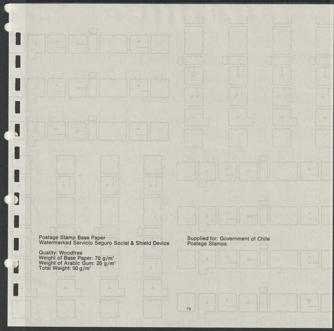 Chile - Base Paper sample used for Postage stamps watermarked with technical details, minor wrinkles but extremely rare, sheet size approximately 200 x 200 mm - ex Wiggins Teape, stamps on 