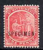 St Kitts-Nevis 1905-18 Medicinal Spring 1d carmine optd SPECIMEN, with gum, only 730 produced, stamps on 
