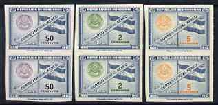 Honduras 1939 Official Air 2c, 5c & 50c in imperf proof pairs in issued colours on ungummed paper, stamps on 