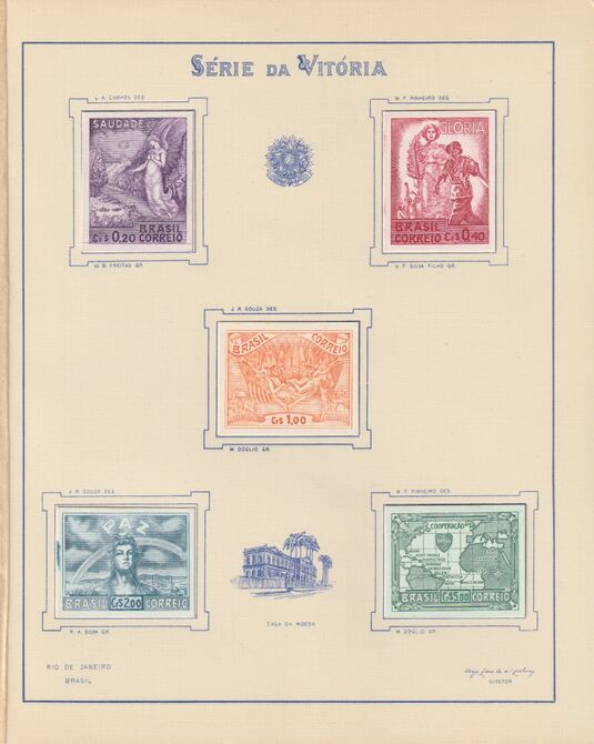 Brazil 1945 Victory of Allied Nations in Europe imperf proof set of 5 on thin card mounted in signed presentation folder, as SG 711-15, stamps on , stamps on  stamps on royalty