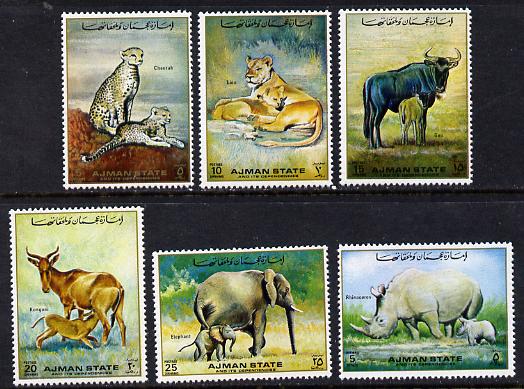 Ajman 1972 Animals perf set of 6 unmounted mint, Mi 1405-10, stamps on , stamps on  stamps on animals, stamps on  stamps on rhino, stamps on  stamps on lion, stamps on  stamps on cheetah, stamps on  stamps on kongoni, stamps on  stamps on elephant, stamps on  stamps on gnu, stamps on  stamps on cats