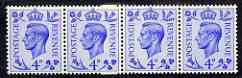 Great Britain 1950-52 KG6 4d light ultramarine horiz strip of 4 with coil join, 3 stamps unmounted mint, SG spec Q20d, stamps on , stamps on  stamps on , stamps on  stamps on  kg6 , stamps on  stamps on 