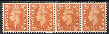 Great Britain 1950-52 KG6 1/2d pale orange horiz strip of 4 with coil join, 3 stamps unmounted mint, SG spec Q3j, stamps on , stamps on  kg6 , stamps on 