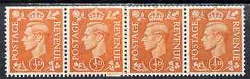 Great Britain 1950-52 KG6 1/2d pale orange horiz strip of 4 with coil join, 3 stamps unmounted mint, SG spec Q3j, stamps on , stamps on  stamps on , stamps on  stamps on  kg6 , stamps on  stamps on 