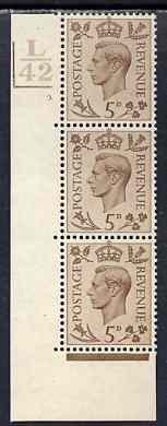 Great Britain 1937-47 KG6 5d brown vert corner strip of 3 with cyl 3 dot with control L42barsL, one stamp mounted, stamps on , stamps on  stamps on , stamps on  stamps on  kg6 , stamps on  stamps on 