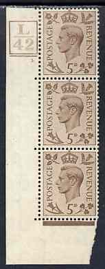 Great Britain 1937-47 KG6 5d brown vert corner strip of 3 with cyl 3 dot with control L42box & bar, one stamp mounted, stamps on , stamps on  stamps on , stamps on  stamps on  kg6 , stamps on  stamps on 