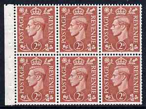 Great Britain 1950-52 KG6 2d pale red-brown booklet pane of 6 with inverted watermark unmounted mint SG spec QB33a, stamps on , stamps on  kg6 , stamps on 