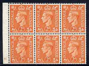 Great Britain 1950-52 KG6 2d pale orange booklet pane of 6 with cyl No H41 no dot mounted mint SG spec QB30, stamps on , stamps on  kg6 , stamps on 