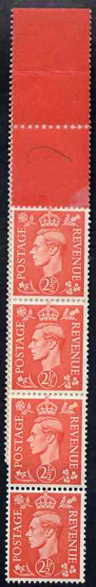 Great Britain 1950-51 KG6 2.5d pale scarlet coil end (vert delivery) with 4 stamps and red tape, stamps on , stamps on  stamps on , stamps on  stamps on  kg6 , stamps on  stamps on 