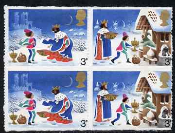 Great Britain 1973 Christmas 3p block of 4 with only the slightest trace of perforations, roughly torn around edges as a result, unmounted mint SG 946-7 (note: a fully im..., stamps on 