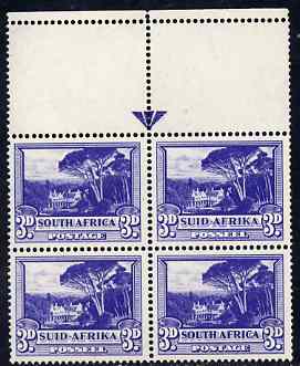 South Africa 1947-54 3d blue arrow marginal block of 4, unmounted mint but mark on one stamp, SG117, stamps on 