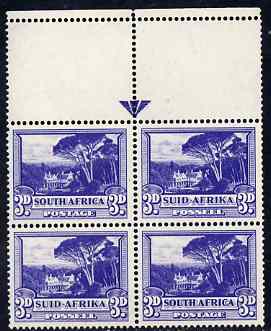 South Africa 1947-54 3d blue arrow marginal block of 4, unmounted mint but mark on one stamp, SG117, stamps on , stamps on  stamps on south africa 1947-54 3d blue arrow marginal block of 4, stamps on  stamps on  unmounted mint but mark on one stamp, stamps on  stamps on  sg117