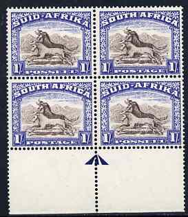 South Africa 1947-54 1s brown & blue arrow marginal block of 4, unmounted mint SG120, stamps on 