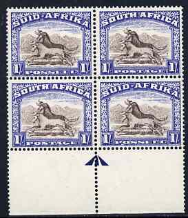 South Africa 1947-54 1s brown & blue arrow marginal block of 4, unmounted mint SG120, stamps on , stamps on  stamps on south africa 1947-54 1s brown & blue arrow marginal block of 4, stamps on  stamps on  unmounted mint sg120