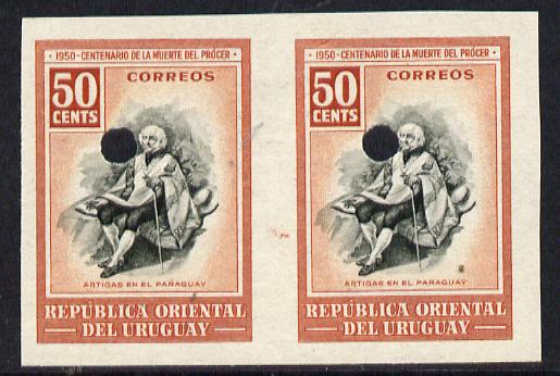 Uruguay 1952 Death Centenary of General Artigas 50c (Artigas in Paraguay) imperf proof pair in issued colours with security punch holes & minor wrinkles (ex Waterlow archives) As SG 1019, stamps on constitutions     personalities    death