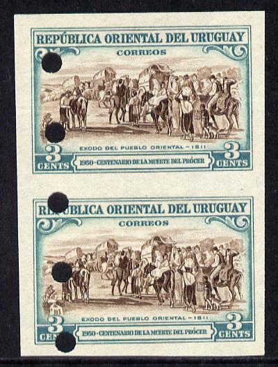 Uruguay 1952 Death Centenary of General Artigas 3c (Emigration) imperf proof pair in issued colours with security punch holes & minor wrinkles (ex Waterlow archives) unmounted mint As SG 1012, stamps on constitutions     personalities    death