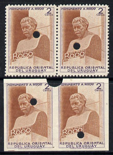 Uruguay 1948 Monument to Rodo (Writer) 2c (Statue of Rodo) perf & imperf proof pairs in issued colours each with security punch holes & slight soiling (ex Waterlow archives) As SG 979, stamps on literature    personalities    statues       books