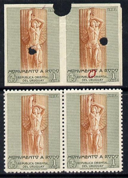 Uruguay 1948 Monument to Rodo (Writer) 1c (Statue of Ariel) imperf proof pair in issued colours with security punch holes & slight soiling plus issued stamp (ex Waterlow archives) As SG 978, stamps on , stamps on  stamps on literature    personalities       books