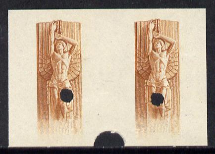 Uruguay 1948 Monument to Rodo (Writer) 1c (Statue of Ariel) imperf proof pair of vignette only in issued colour with security punch holes & slight soiling (ex Waterlow ar..., stamps on literature    personalities       books