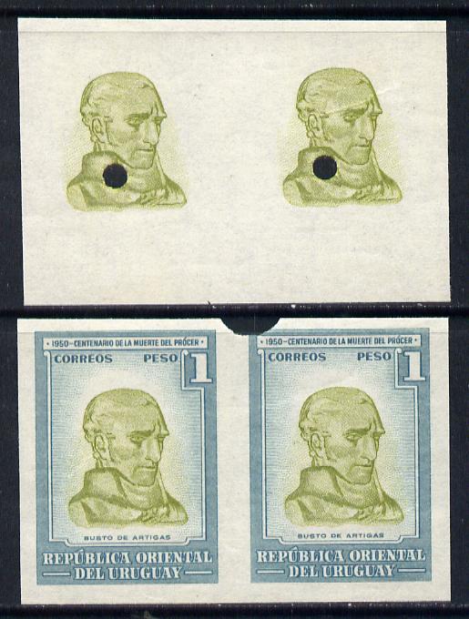 Uruguay 1952 Death Centenary of General Artigas 1p (Bust of Artigas) imperf proof pair in issued colours plus matched proof pair of vignette only, all with security punch holes & slight soiling (ex Waterlow archives) As SG 1020, stamps on constitutions     personalities    death