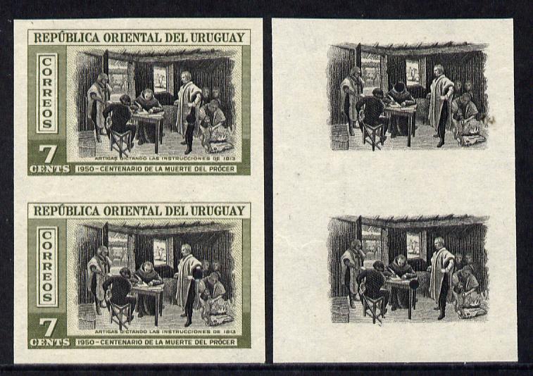 Uruguay 1952 Death Centenary of General Artigas 7c (Artigas dictating Instructions) imperf proof pair in issued colours plus matched proof pair of vignette only, all with..., stamps on constitutions     personalities    death