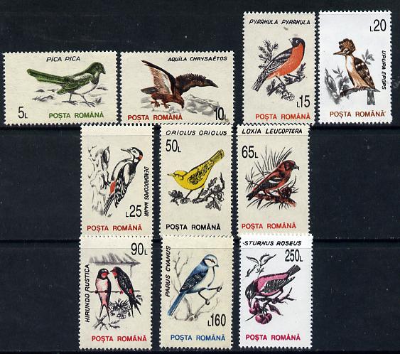 Rumania 1993 Birds set of 10 unmounted mint, SG 5510-19, Mi 4875-86*, stamps on birds, stamps on magpie, stamps on eagle, stamps on birds of prey, stamps on bullfinch, stamps on hoopoe, stamps on woodpecker, stamps on oriole, stamps on crossbill, stamps on swallow, stamps on tit, stamps on starling