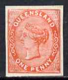 Queensland 1879 QV imperf colour trial of 1d die I in scarlet on ungummed wmkd paper, as SG 128, stamps on , stamps on  qv , stamps on 