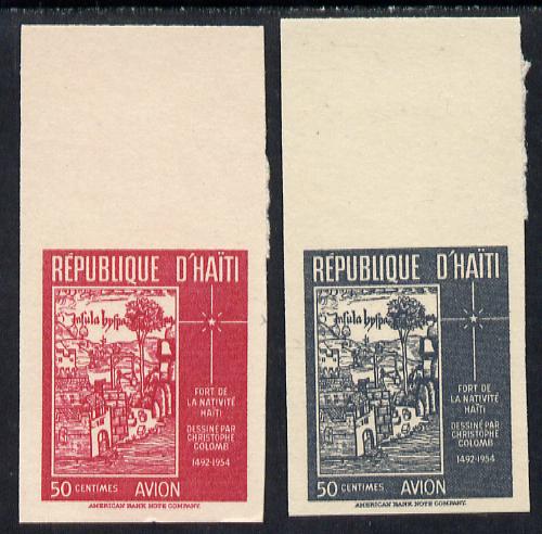 Haiti 1954 Air pair (Columbuss Drawing of Fort) set of 2 imperf proofs on thin card (ex ABNCo archive sheet) , stamps on columbus     explorerss    arts     forts   personalities