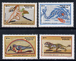 Hungary 1978 Stamp Day (Mosaics of Bird, Tiger, Dolphin & Putto) set of 4, Mi 3310-13*, stamps on , stamps on  stamps on animals  birds   marine-life  whales    cats    mythology     grapes     mosaics