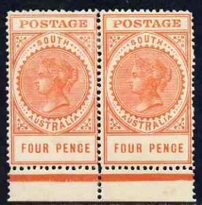 South Australia 1906-12 Thick Postage 4d orange-red 'A' wmk horiz marginal pair mounted mint SG 299, stamps on , stamps on  stamps on south australia 1906-12 thick postage 4d orange-red 'a' wmk horiz marginal pair mounted mint sg 299