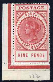 South Australia 1904-11 Thick Postage 9d rosy lake 'SA' wmk corner single mounted mint, SG286, stamps on , stamps on  stamps on south australia 1904-11 thick postage 9d rosy lake 'sa' wmk corner single mounted mint, stamps on  stamps on  sg286
