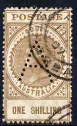 South Australia 1906-12 Thick Postage 1s brown A wmk with A perfin used, stamps on 