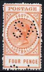 South Australia 1906-12 Thick Postage 4d orange 'A' wmk with 'SA' perfin mounted mint, stamps on , stamps on  stamps on south australia 1906-12 thick postage 4d orange 'a' wmk with 'sa' perfin mounted mint