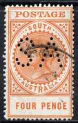 South Australia 1906-12 Thick Postage 4d orange 'A' wmk with 'SA' perfin used, stamps on , stamps on  stamps on south australia 1906-12 thick postage 4d orange 'a' wmk with 'sa' perfin used