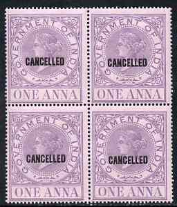 India 1869 QV Revenue 1a opt'd CANCELLED in block of 4 superb unmounted mint, scarce in multiples, stamps on , stamps on  stamps on , stamps on  stamps on  qv , stamps on  stamps on revenues