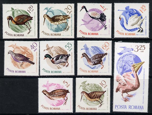 Rumania 1965 Migratory Birds set of 10 unmounted mint, SG 3303-12,  Mi 2430-39, stamps on , stamps on  stamps on birds, stamps on  stamps on quail, stamps on  stamps on woodcock, stamps on  stamps on snipe, stamps on  stamps on turtledove, stamps on  stamps on  mallard, stamps on  stamps on goose, stamps on  stamps on crane, stamps on  stamps on ibis, stamps on  stamps on swan, stamps on  stamps on pelican