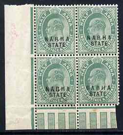 Indian States - Nabha 1903-09 KE7 1/2a green corner block of 4, one stamp with broken S in State variety, wrinkles but unmounted mint SG38, stamps on , stamps on  ke7 , stamps on 