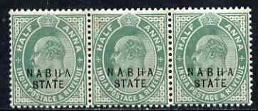 Indian States - Nabha 1903-09 KE7 1/2a green strip of 3, one stamp with 'broken A in State' variety, tiny tone but unmounted mint SG38, stamps on , stamps on  stamps on , stamps on  stamps on  ke7 , stamps on  stamps on 