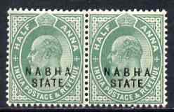 Indian States - Nabha 1903-09 KE7 1/2a green horiz pair, one stamp with 'broken A in Nabha' variety, unmounted mint SG38, stamps on , stamps on  stamps on , stamps on  stamps on  ke7 , stamps on  stamps on 