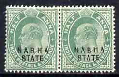 Indian States - Nabha 1903-09 KE7 1/2a green horiz pair, one stamp with broken H in Nabha & A in State variety, unmounted mint SG38, stamps on , stamps on  ke7 , stamps on 